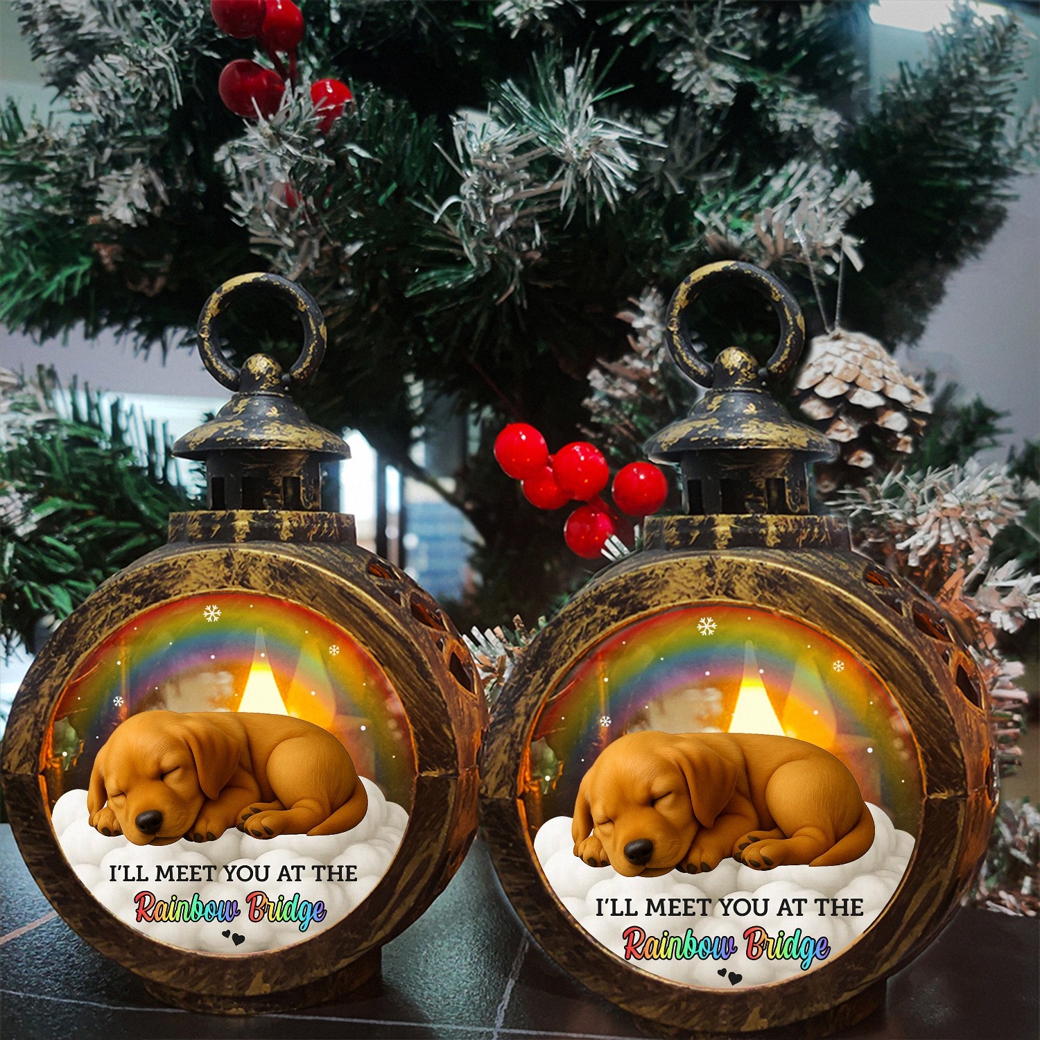 Ill Meet You at the Rainbow Bridge Pet Memorial Lantern Sleeping Dog LED Light Vintage Style Keepsake Pet Loss Bereavement Gift for Grieving Owners Sympathy Remembrance Decor VOADJ