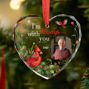 In Loving Memory Heart-Shaped Ornament with Custom Photo and Cardinal for Dad, Grandpa