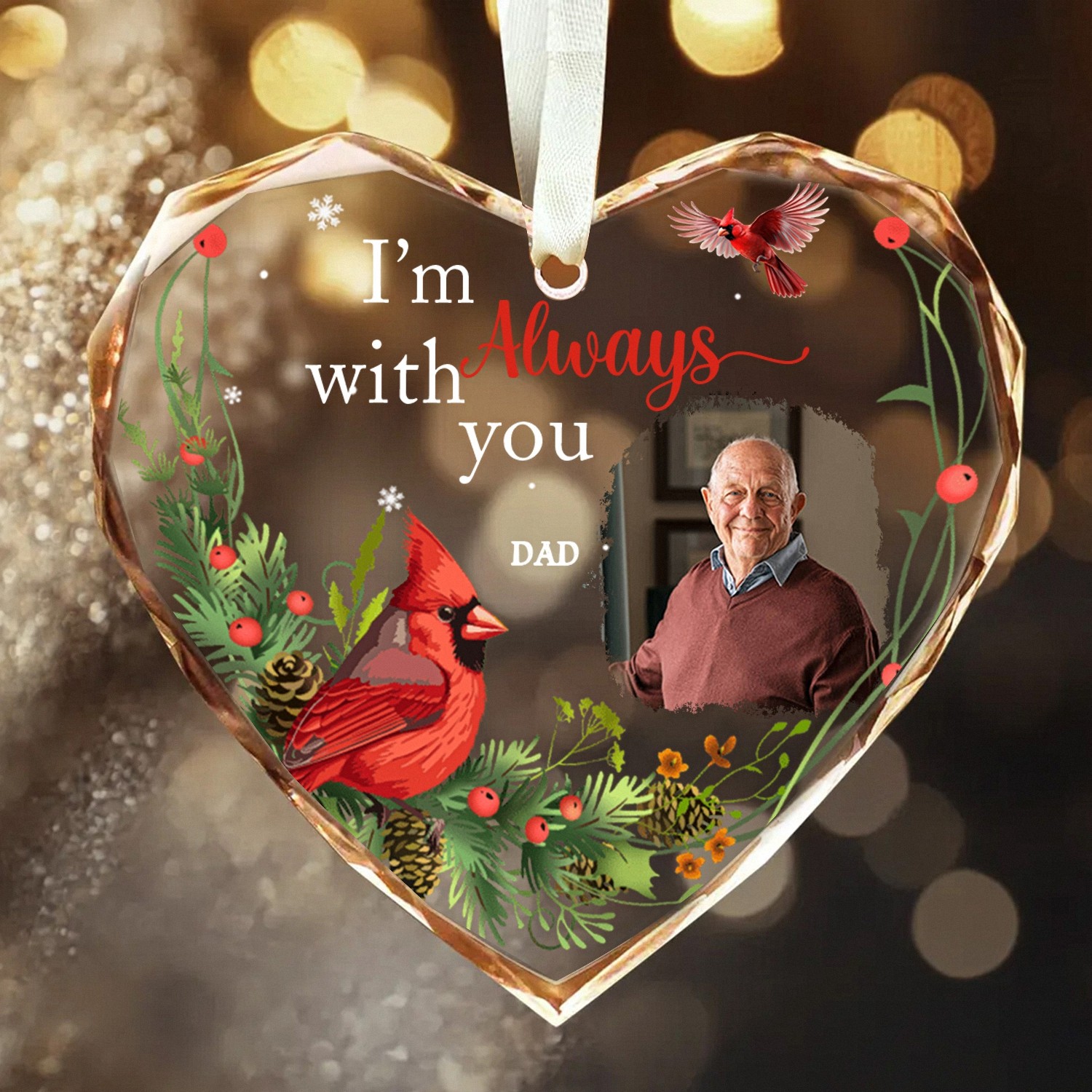 In Loving Memory Heart-Shaped Ornament with Custom Photo and Cardinal for Dad, Grandpa
