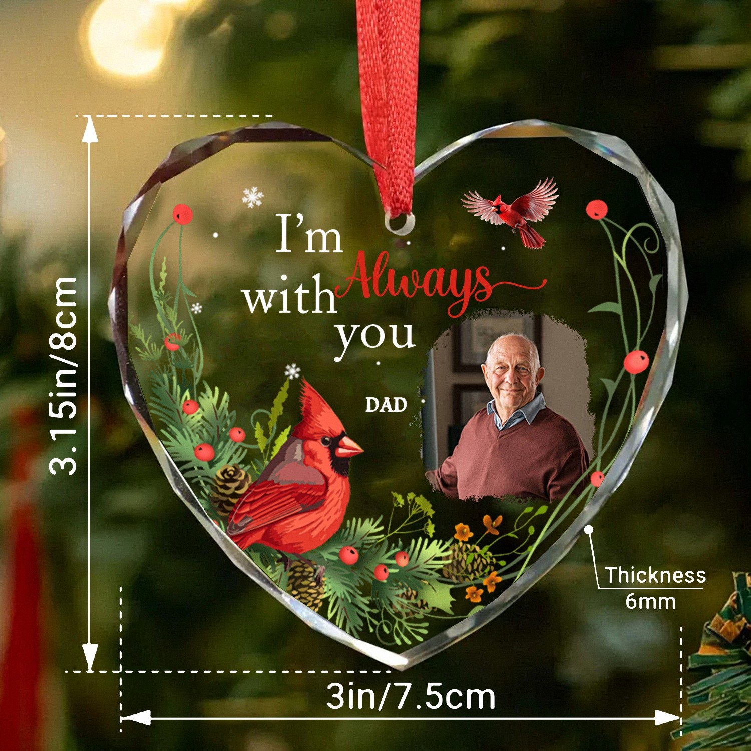 In Loving Memory Heart-Shaped Ornament with Custom Photo and Cardinal for Dad, Grandpa