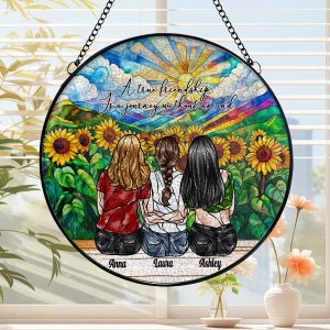 Personalized 3 Best Friends Suncatcher with Names, Sunflower Stained Glass Effect Window Hanging, Friendship Quote Gift for Women, Sentimental Keepsake for Besties
