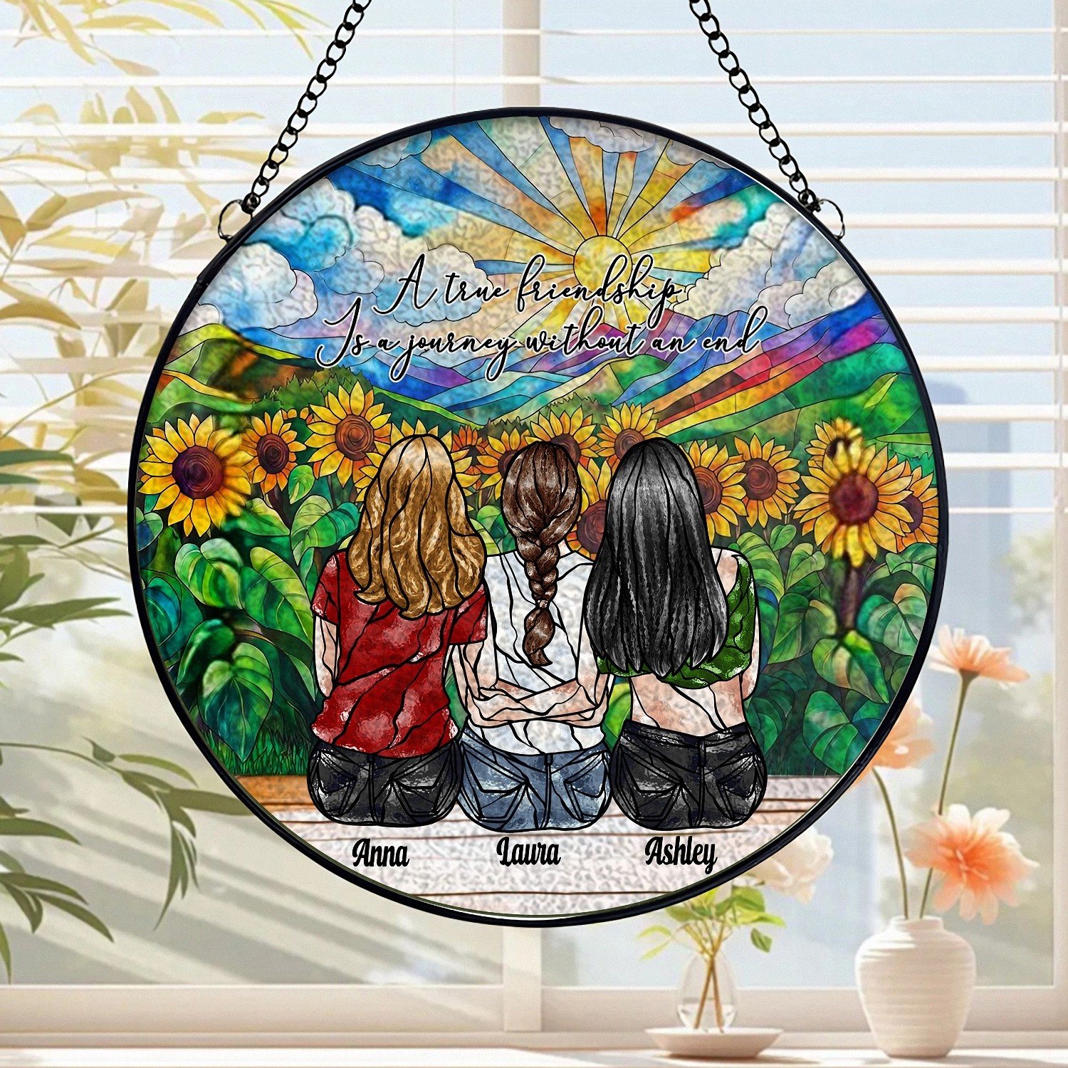 Personalized 3 Best Friends Suncatcher with Names, Sunflower Stained Glass Effect Window Hanging, Friendship Quote Gift for Women, Sentimental Keepsake for Besties