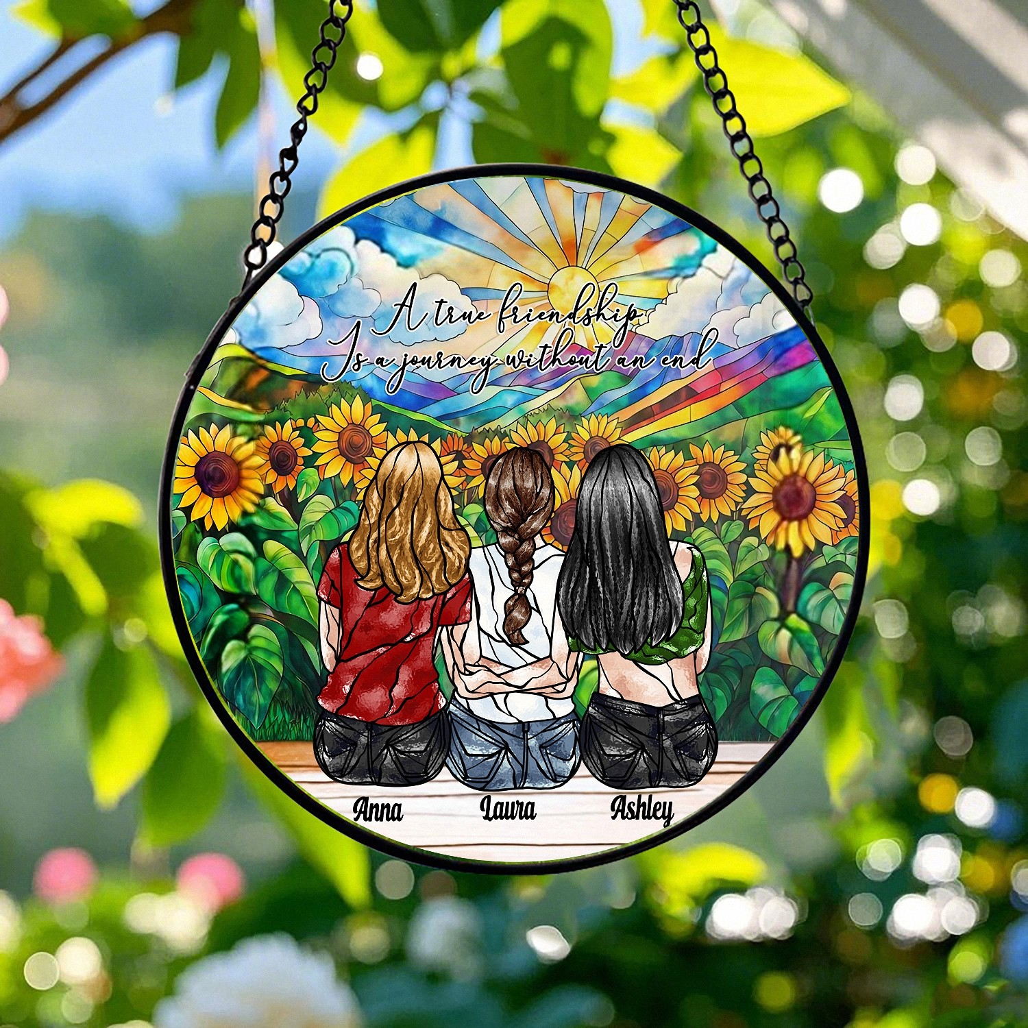 Personalized 3 Best Friends Suncatcher with Names, Sunflower Stained Glass Effect Window Hanging, Friendship Quote Gift for Women, Sentimental Keepsake for Besties