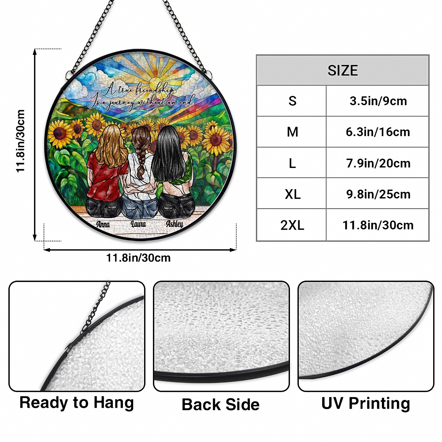 Personalized 3 Best Friends Suncatcher with Names, Sunflower Stained Glass Effect Window Hanging, Friendship Quote Gift for Women, Sentimental Keepsake for Besties
