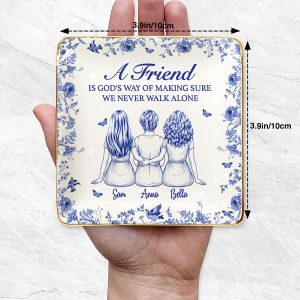 Personalized 3 Best Friends Trinket Dish with Names Never Walk Alone Ceramic Jewelry Tray Religious Friendship Gift for Women Blue Chinoiserie Decor