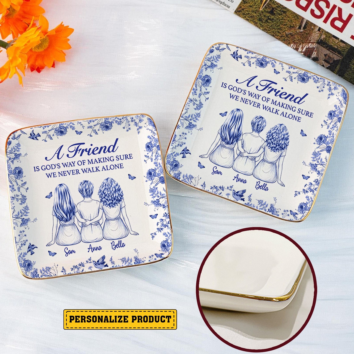 Personalized 3 Best Friends Trinket Dish with Names Never Walk Alone Ceramic Jewelry Tray Religious Friendship Gift for Women Blue Chinoiserie Decor