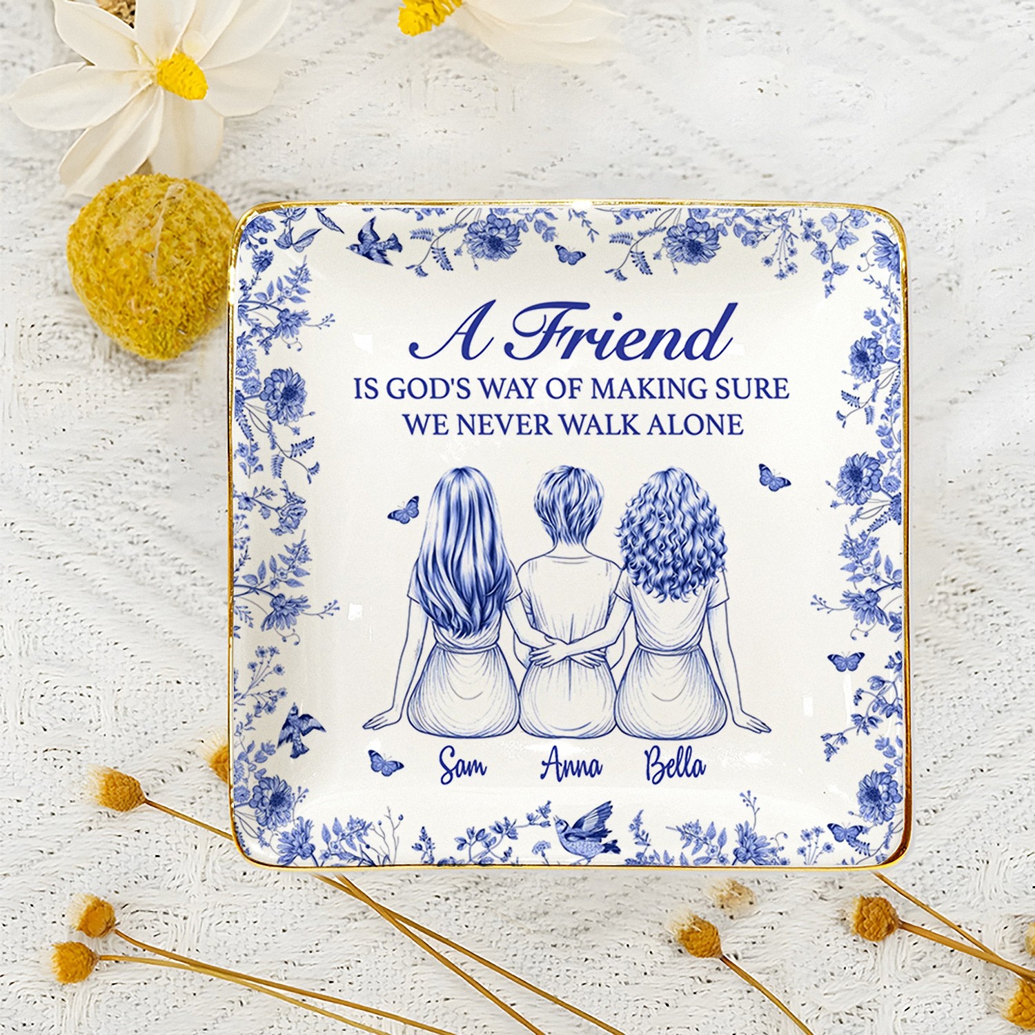 Personalized 3 Best Friends Trinket Dish with Names Never Walk Alone Ceramic Jewelry Tray Religious Friendship Gift for Women Blue Chinoiserie Decor