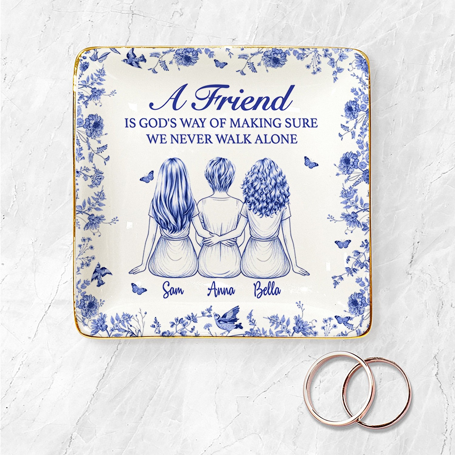 Personalized 3 Best Friends Trinket Dish with Names Never Walk Alone Ceramic Jewelry Tray Religious Friendship Gift for Women Blue Chinoiserie Decor