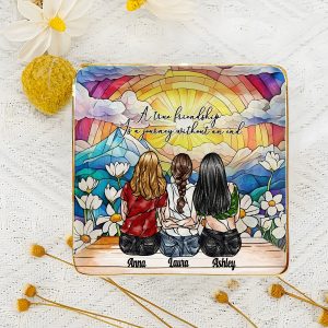 Personalized 3 Best Friends Trinket Dish with Names, Stained Glass Effect Ceramic Jewelry Tray, Friendship Quote Gift for Women, Sentimental Keepsake for Besties