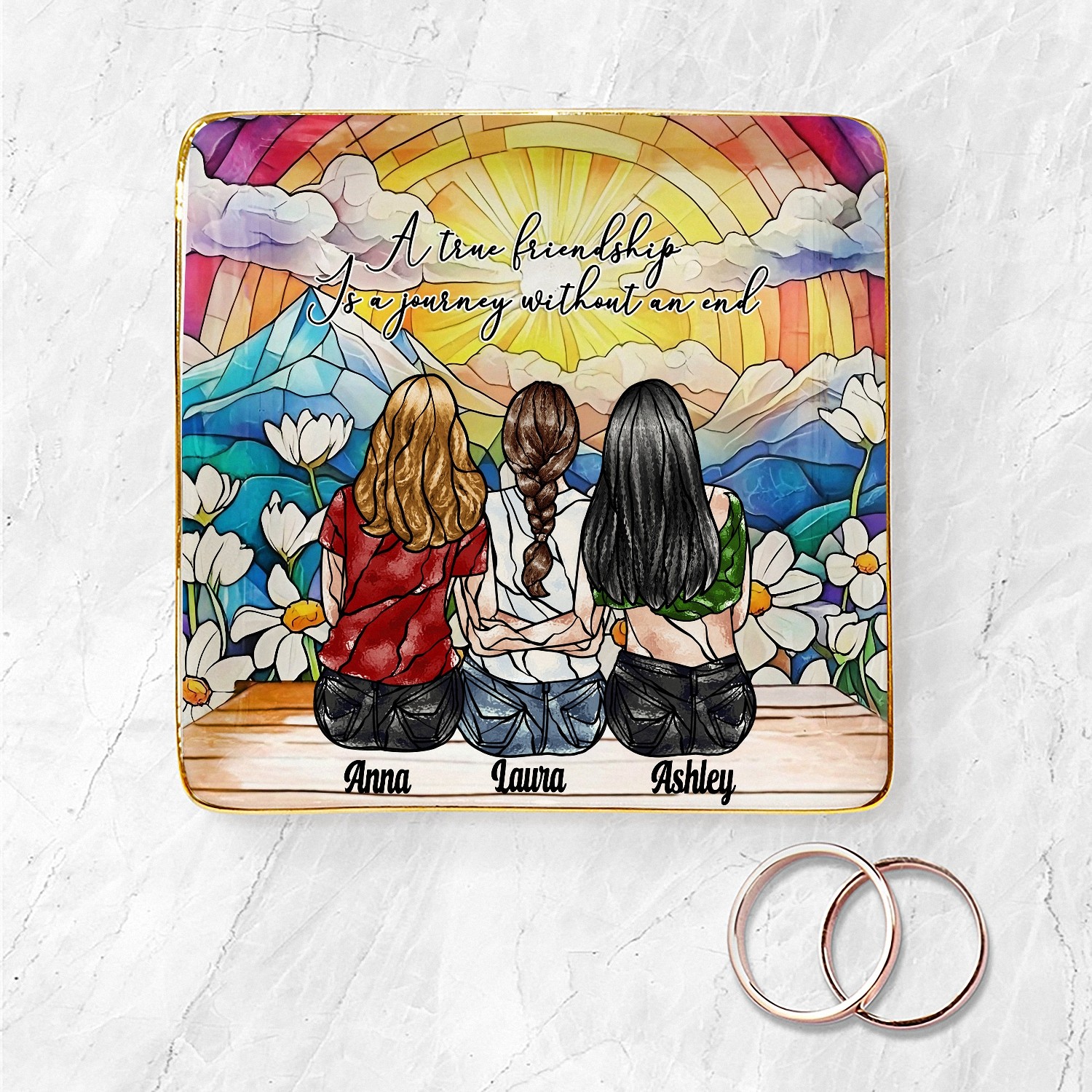 Personalized 3 Best Friends Trinket Dish with Names, Stained Glass Effect Ceramic Jewelry Tray, Friendship Quote Gift for Women, Sentimental Keepsake for Besties