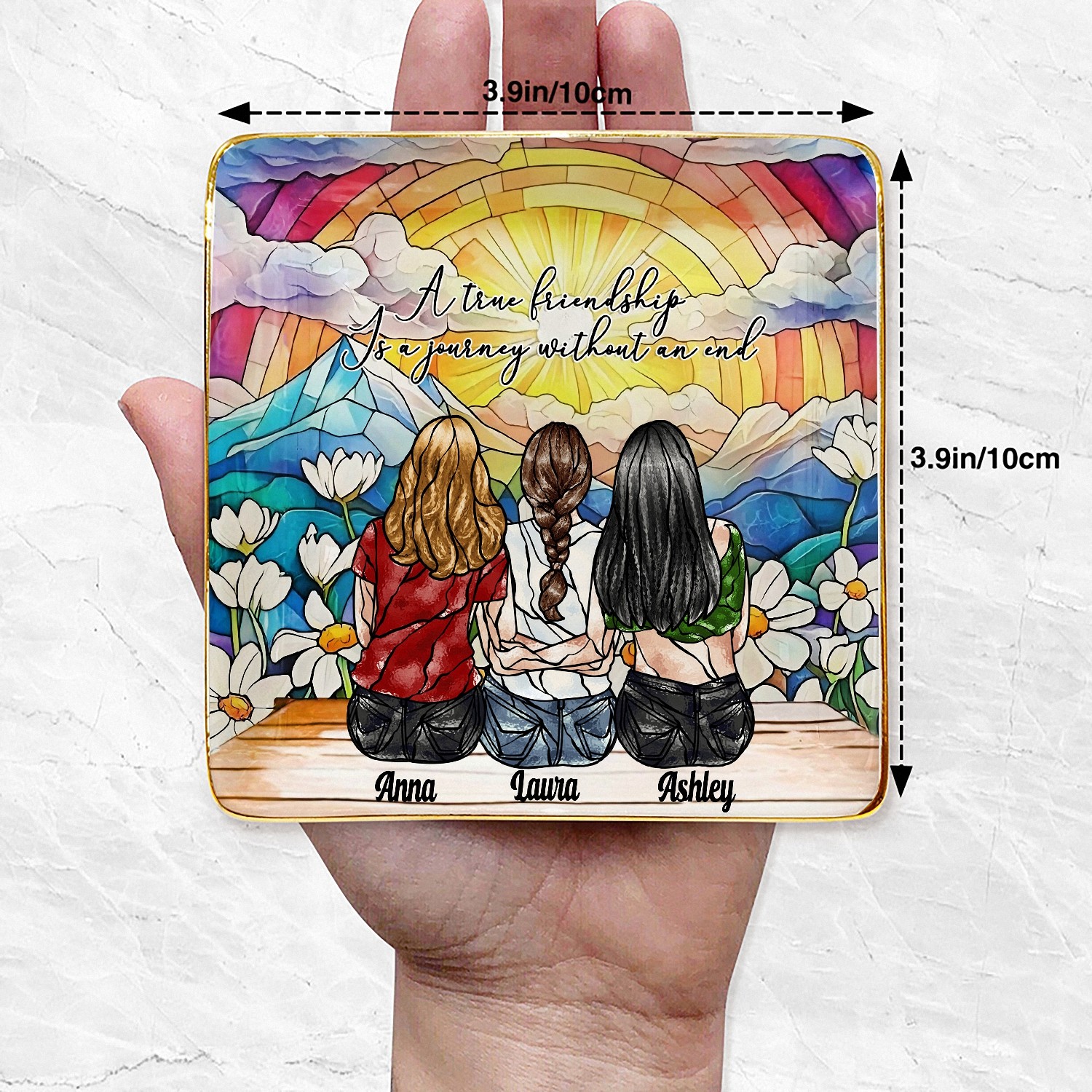 Personalized 3 Best Friends Trinket Dish with Names, Stained Glass Effect Ceramic Jewelry Tray, Friendship Quote Gift for Women, Sentimental Keepsake for Besties