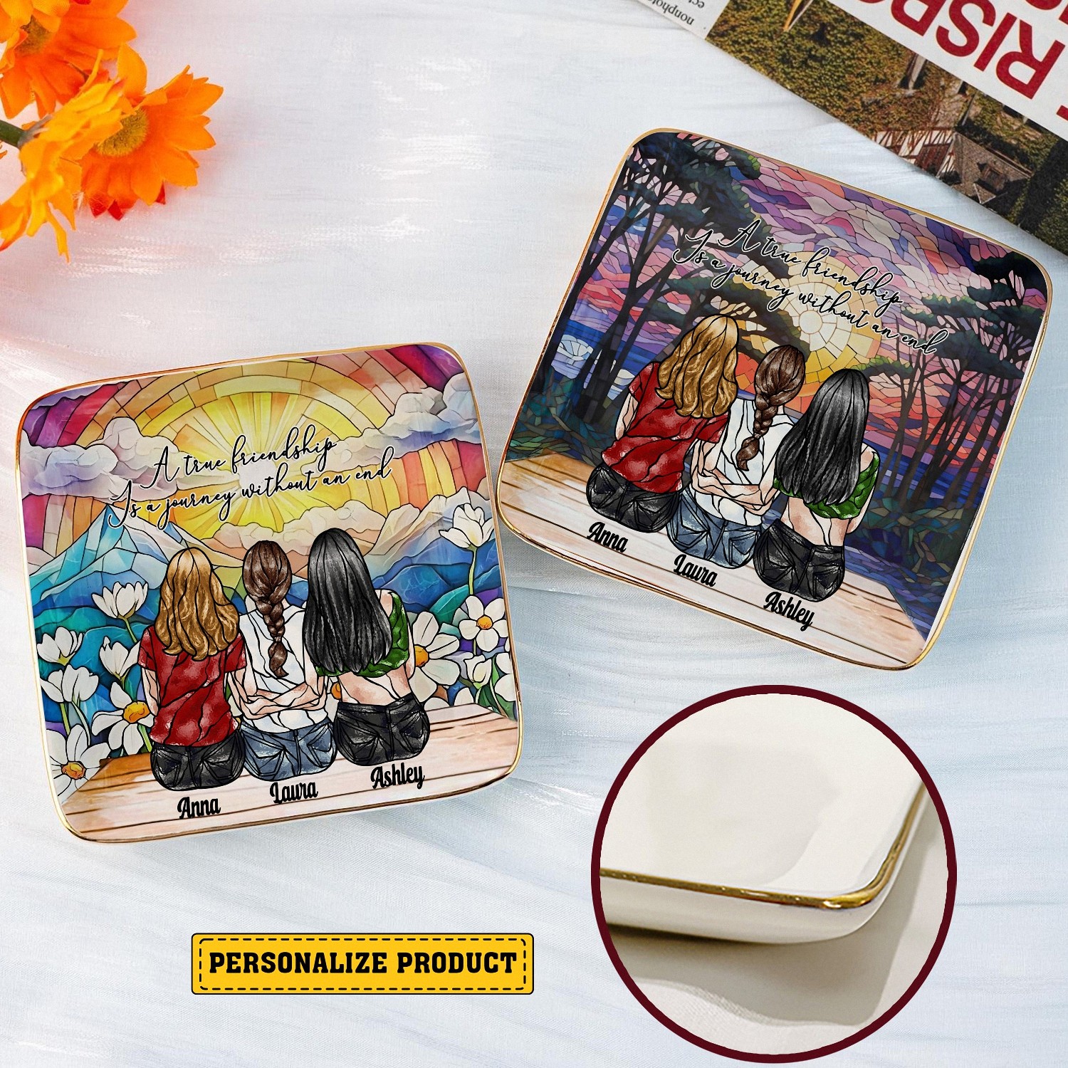 Personalized 3 Best Friends Trinket Dish with Names, Stained Glass Effect Ceramic Jewelry Tray, Friendship Quote Gift for Women, Sentimental Keepsake for Besties