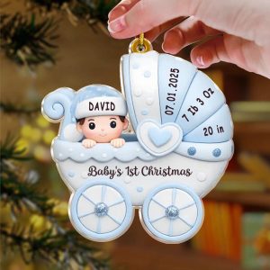 Personalized Baby Girl's First Christmas Ornament - Custom Pink Carriage with Birth Stats