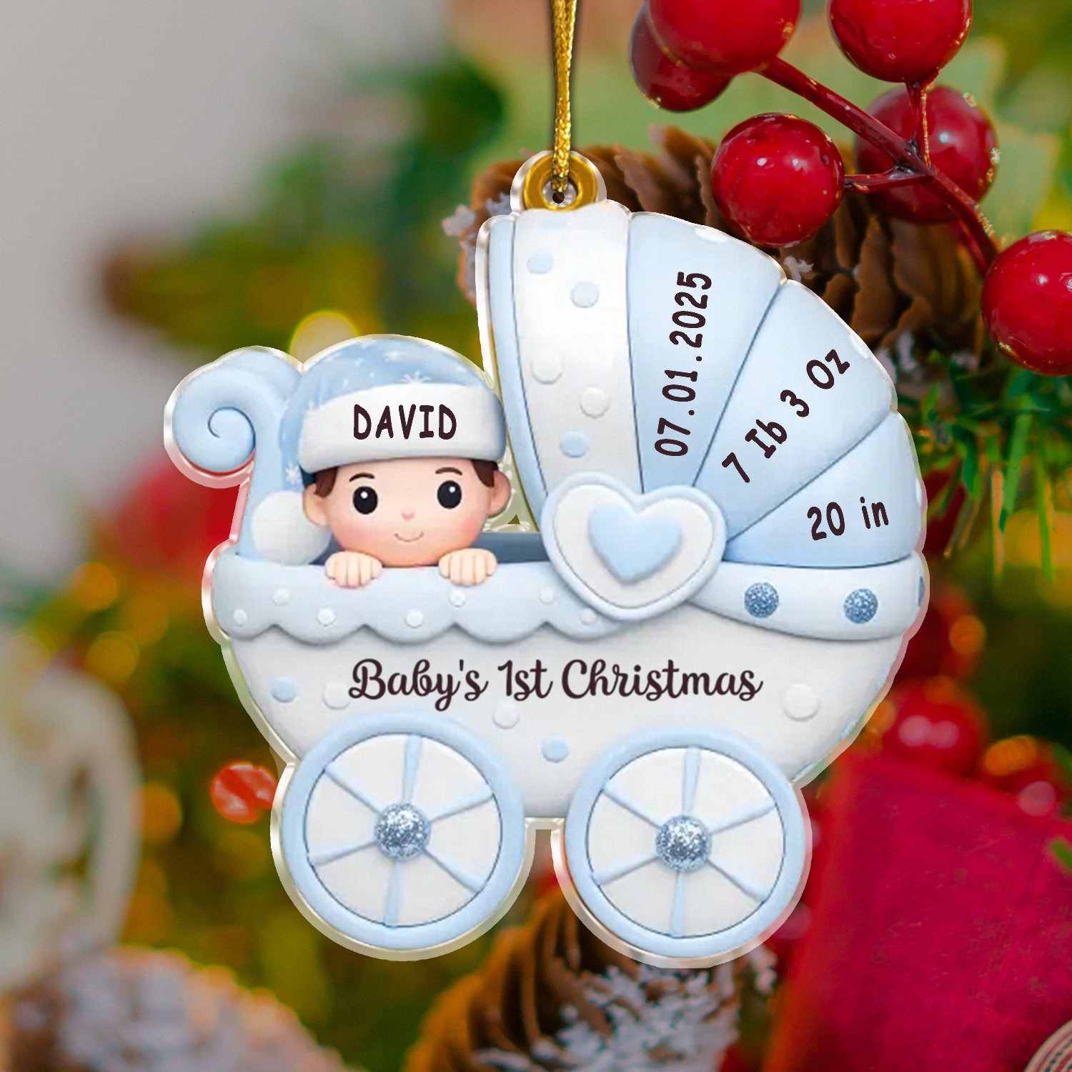 Personalized Baby Girl's First Christmas Ornament - Custom Pink Carriage with Birth Stats