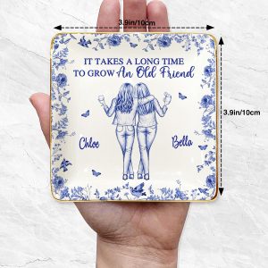 Personalized Best Friend Trinket Dish with Names, Ceramic Jewelry Tray with Gold Rim, Friendship & Birthday Gift for Women, Blue Floral Chinoiserie Style