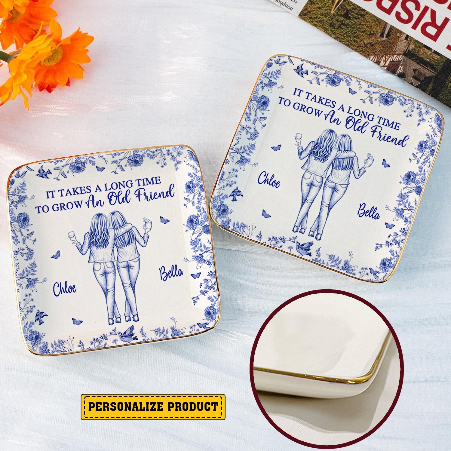 Personalized Best Friend Trinket Dish with Names, Ceramic Jewelry Tray with Gold Rim, Friendship & Birthday Gift for Women, Blue Floral Chinoiserie Style