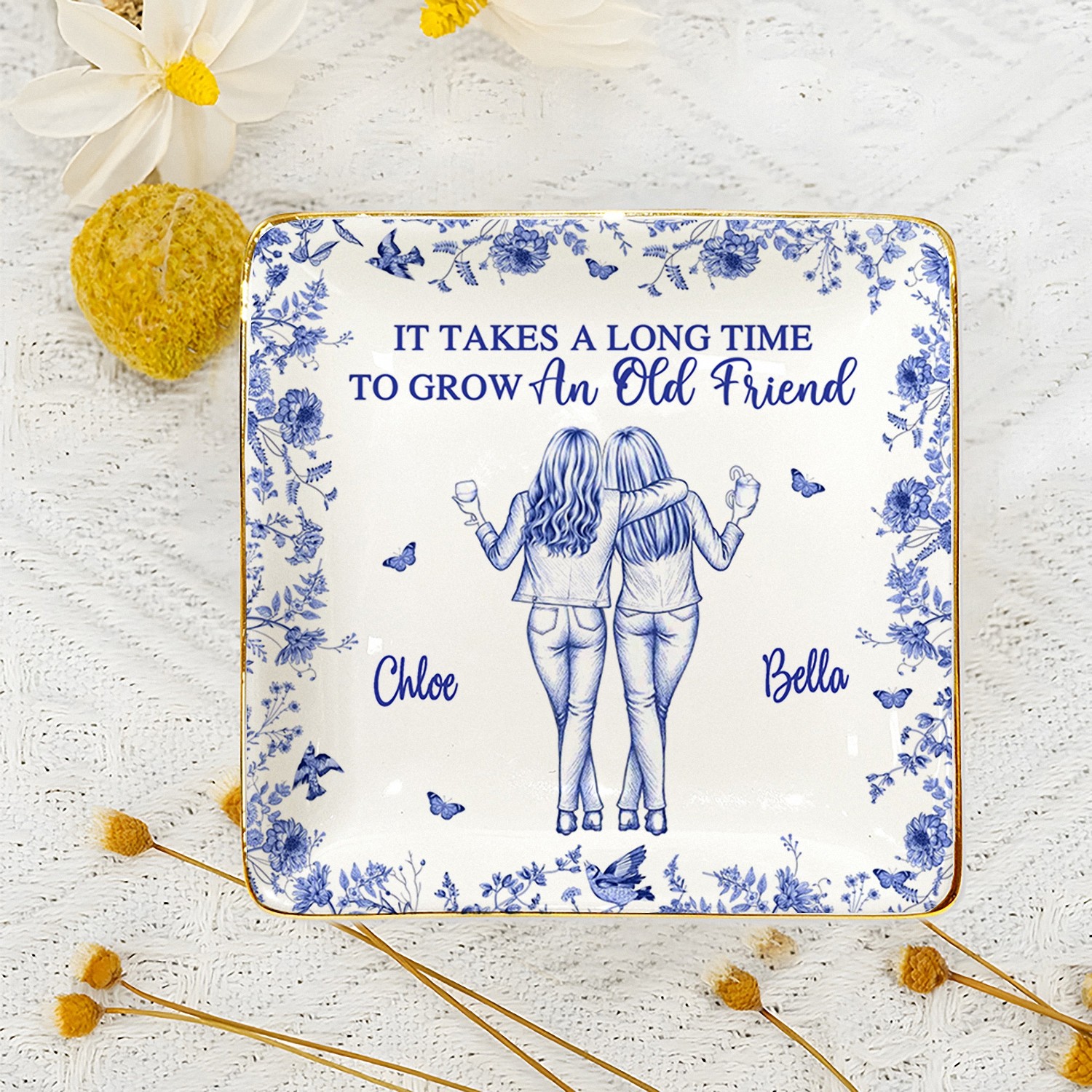 Personalized Best Friend Trinket Dish with Names, Ceramic Jewelry Tray with Gold Rim, Friendship & Birthday Gift for Women, Blue Floral Chinoiserie Style
