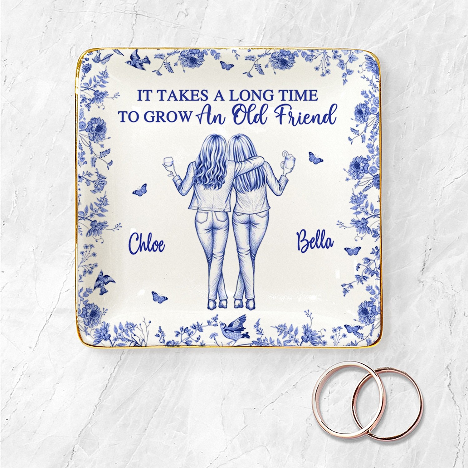 Personalized Best Friend Trinket Dish with Names, Ceramic Jewelry Tray with Gold Rim, Friendship & Birthday Gift for Women, Blue Floral Chinoiserie Style