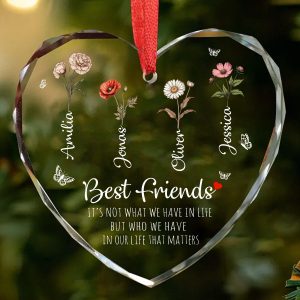 Personalized Best Friends Glass Heart Ornament with Custom Names and Birth Flowers