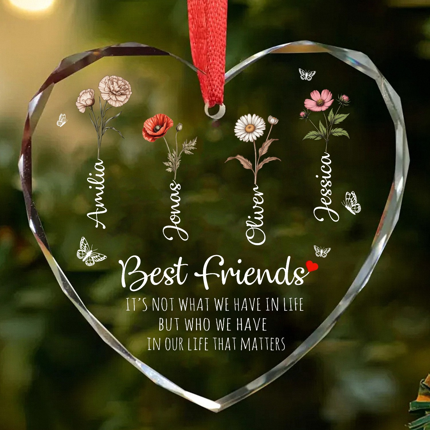 Personalized Best Friends Glass Heart Ornament with Custom Names and Birth Flowers
