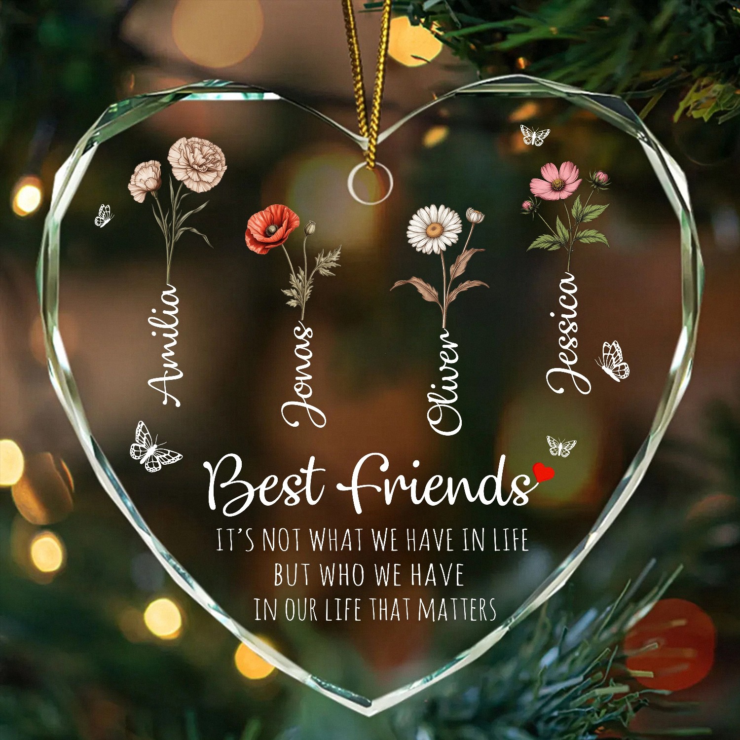 Personalized Best Friends Glass Heart Ornament with Custom Names and Birth Flowers