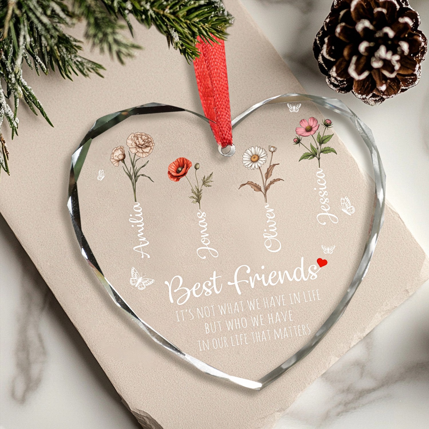 Personalized Best Friends Glass Heart Ornament with Custom Names and Birth Flowers