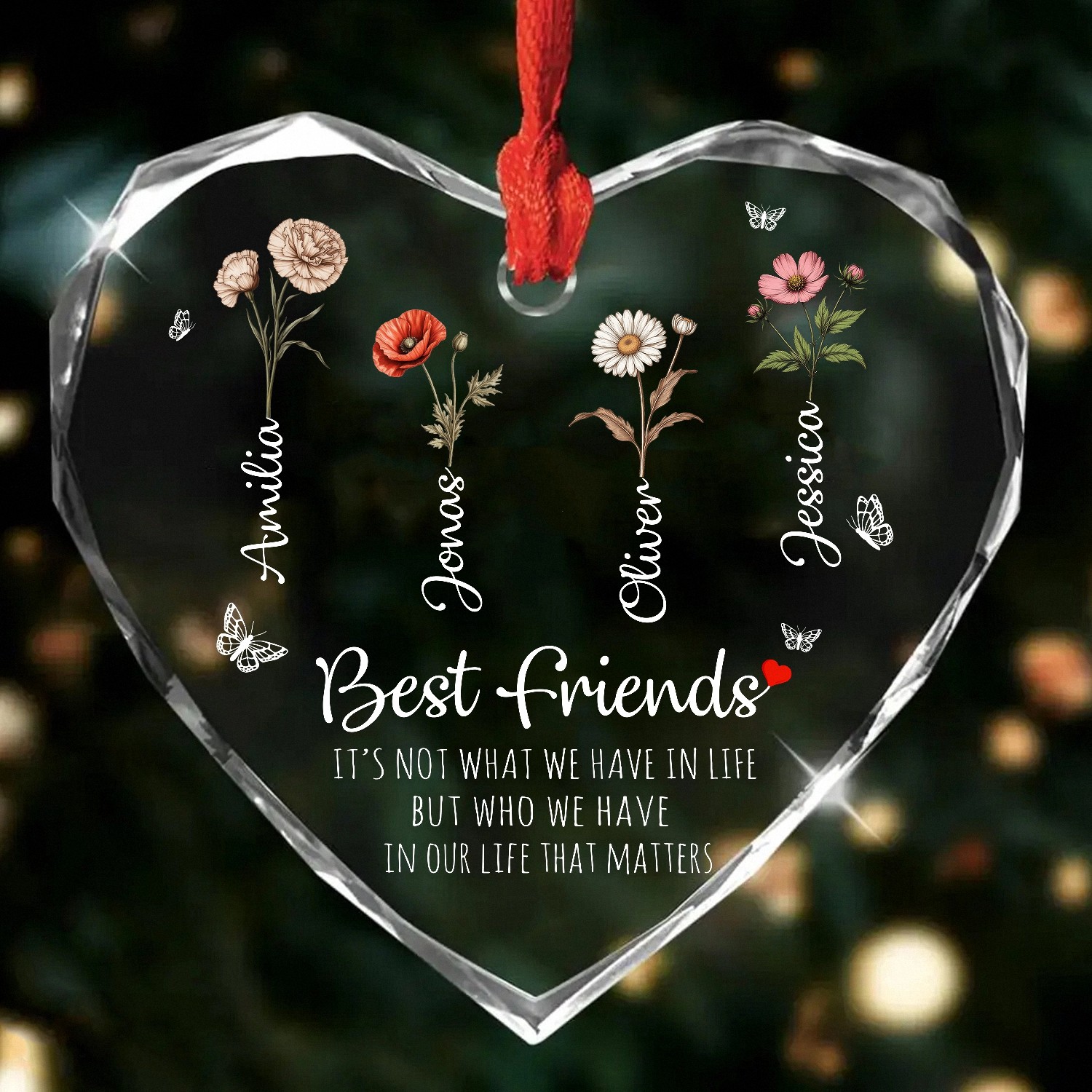 Personalized Best Friends Glass Heart Ornament with Custom Names and Birth Flowers
