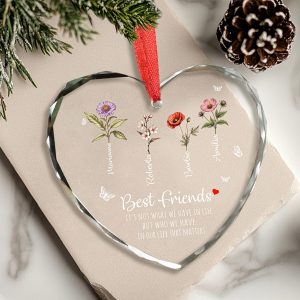 Personalized Best Friends Glass Heart Shaped Ornament with Custom Names and Birth Flowers
