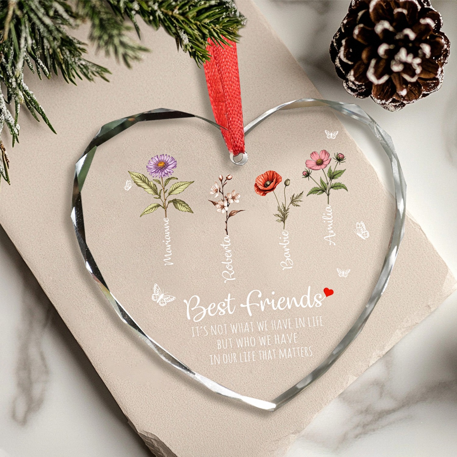 Personalized Best Friends Glass Heart Shaped Ornament with Custom Names and Birth Flowers