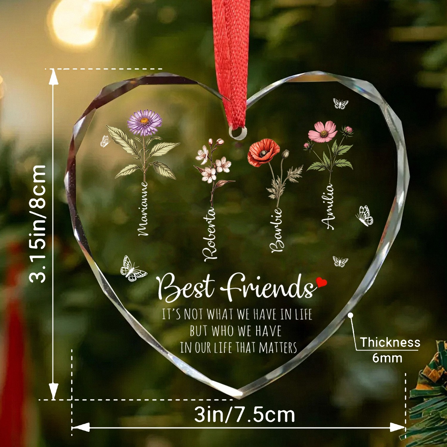 Personalized Best Friends Glass Heart Shaped Ornament with Custom Names and Birth Flowers