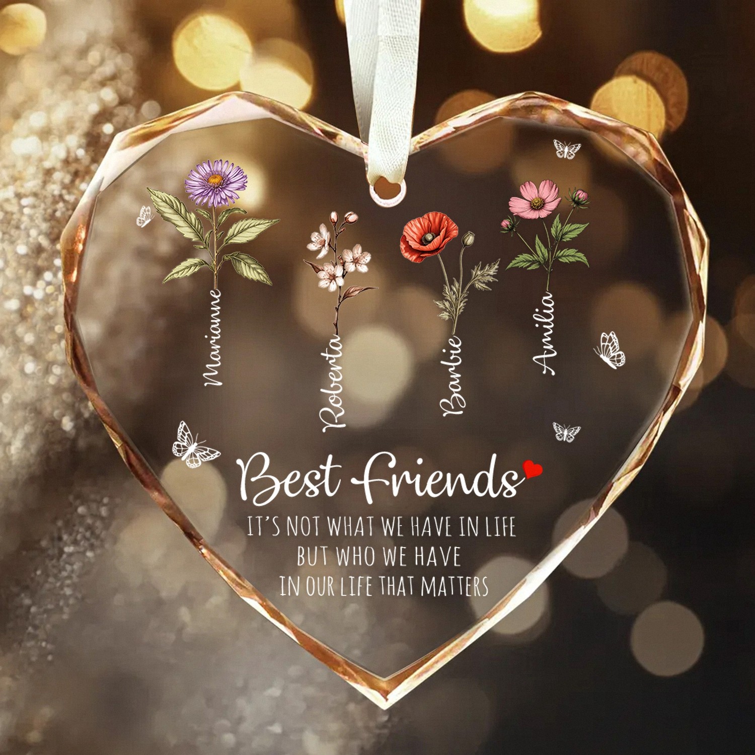 Personalized Best Friends Glass Heart Shaped Ornament with Custom Names and Birth Flowers