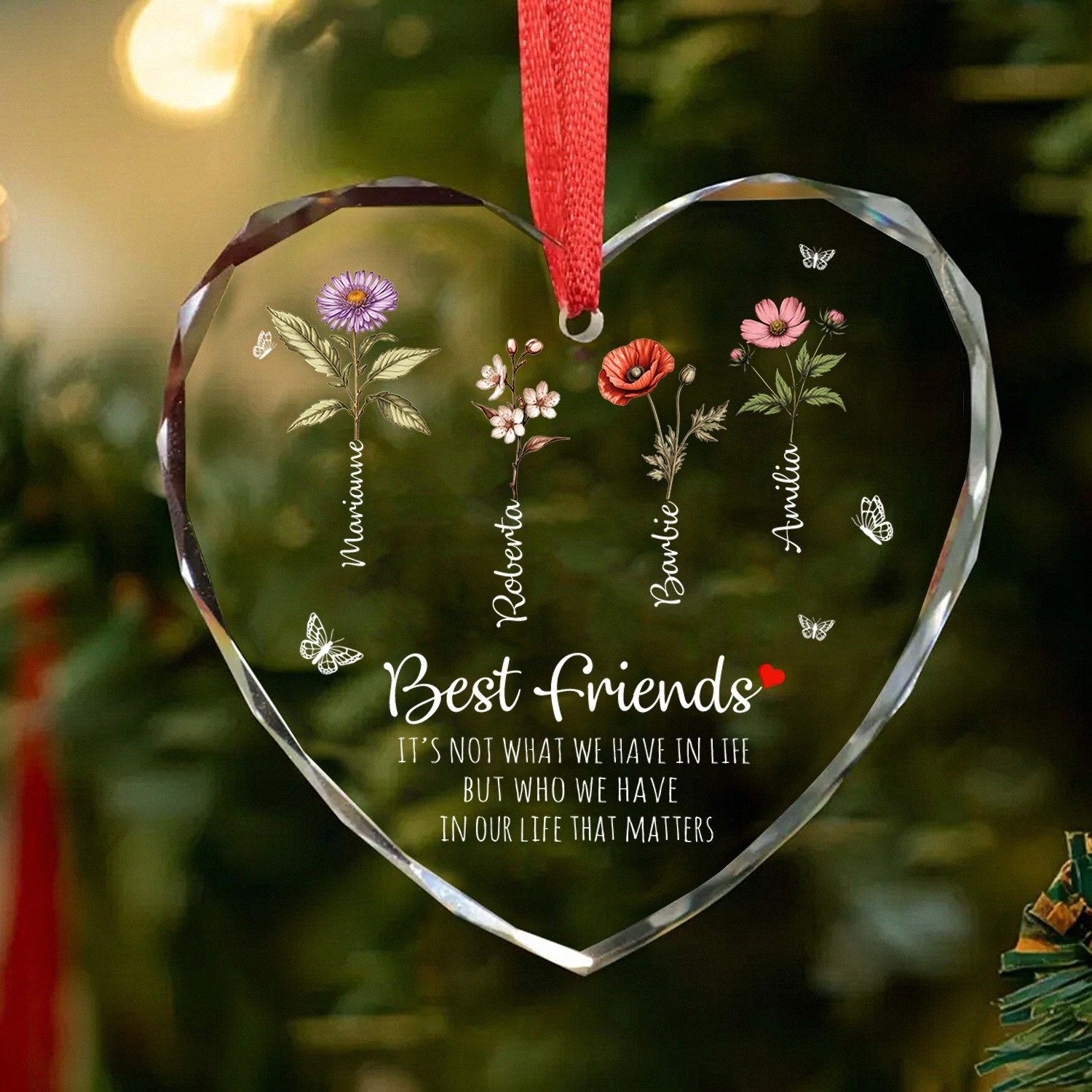 Personalized Best Friends Glass Heart Shaped Ornament with Custom Names and Birth Flowers
