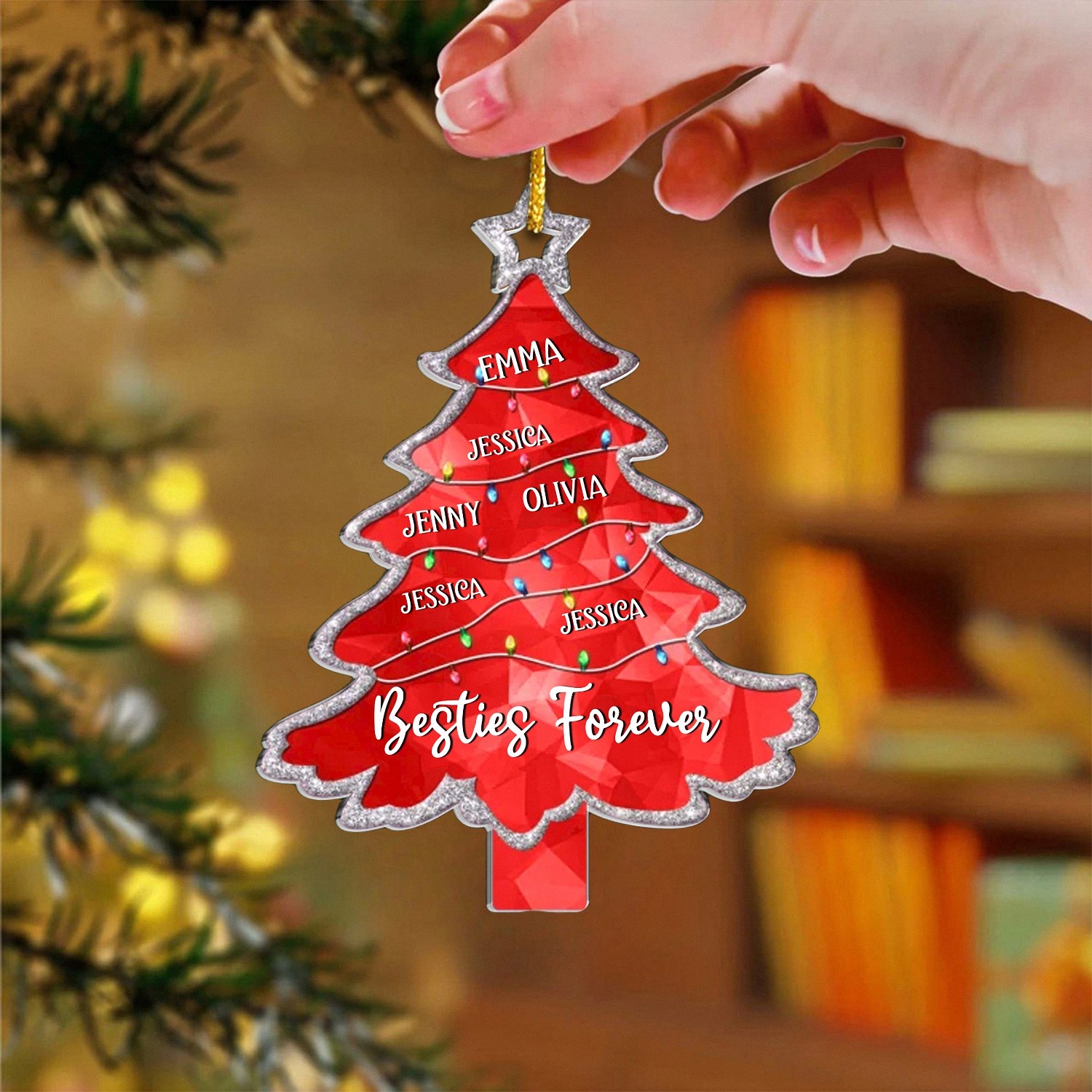 Personalized Best Friends Ornament with Custom Names Besties Forever Red Christmas Tree Keepsake Acrylic with Silver Glitter Trim Christmas Gift for Friend Group Friendship Decoration
