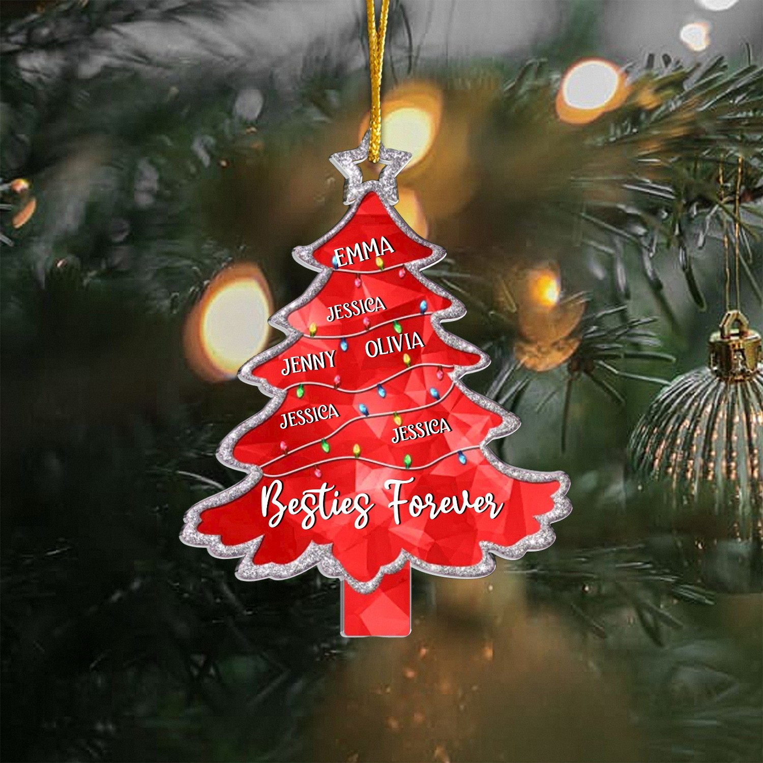 Personalized Best Friends Ornament with Custom Names Besties Forever Red Christmas Tree Keepsake Acrylic with Silver Glitter Trim Christmas Gift for Friend Group Friendship Decoration