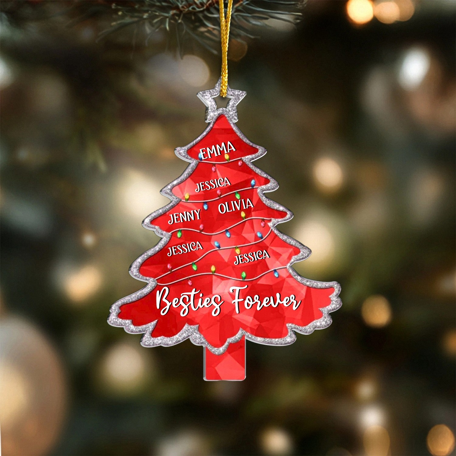 Personalized Best Friends Ornament with Custom Names Besties Forever Red Christmas Tree Keepsake Acrylic with Silver Glitter Trim Christmas Gift for Friend Group Friendship Decoration