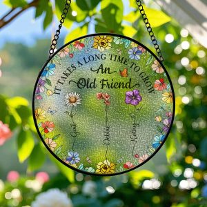 Personalized Birth Flower Window Hanging Round Stained Glass Suncatcher for Old Friends