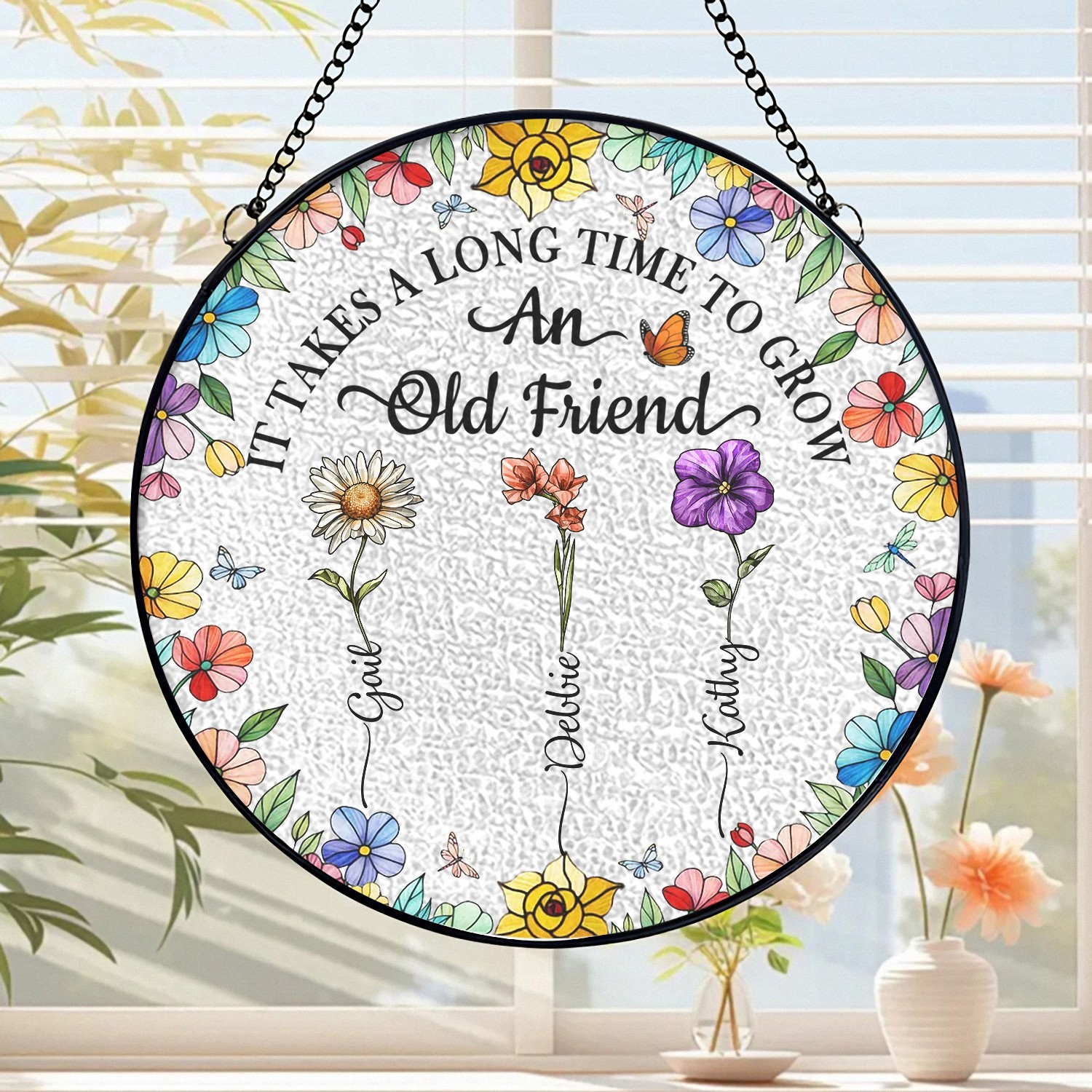 Personalized Birth Flower Window Hanging Round Stained Glass Suncatcher for Old Friends