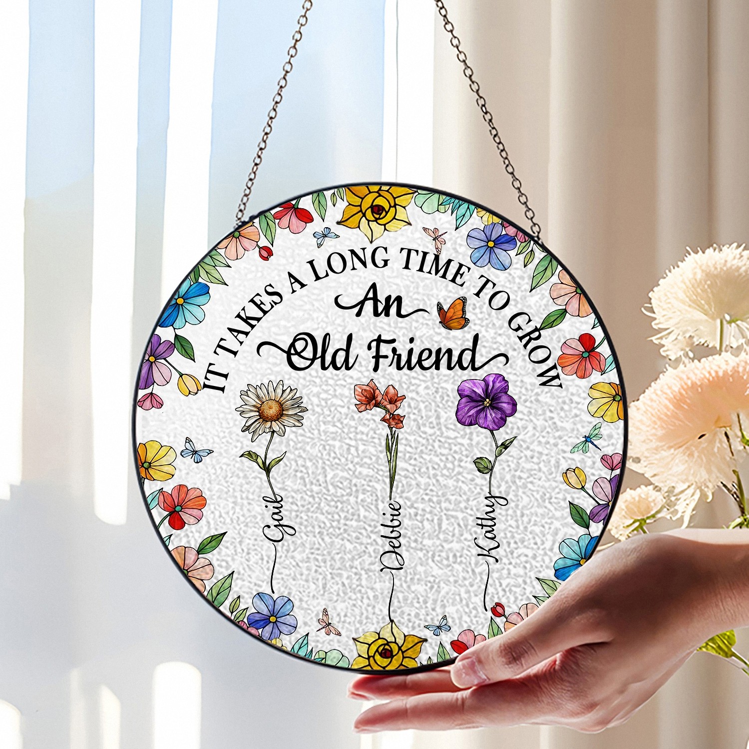Personalized Birth Flower Window Hanging Round Stained Glass Suncatcher for Old Friends