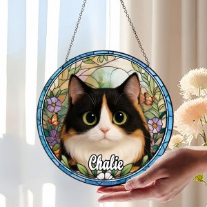 Personalized Calico Cat Portrait Suncatcher with Name Custom Stained Glass Effect Round Window Hanging Pet Memorial Gift for Cat Lovers Owners
