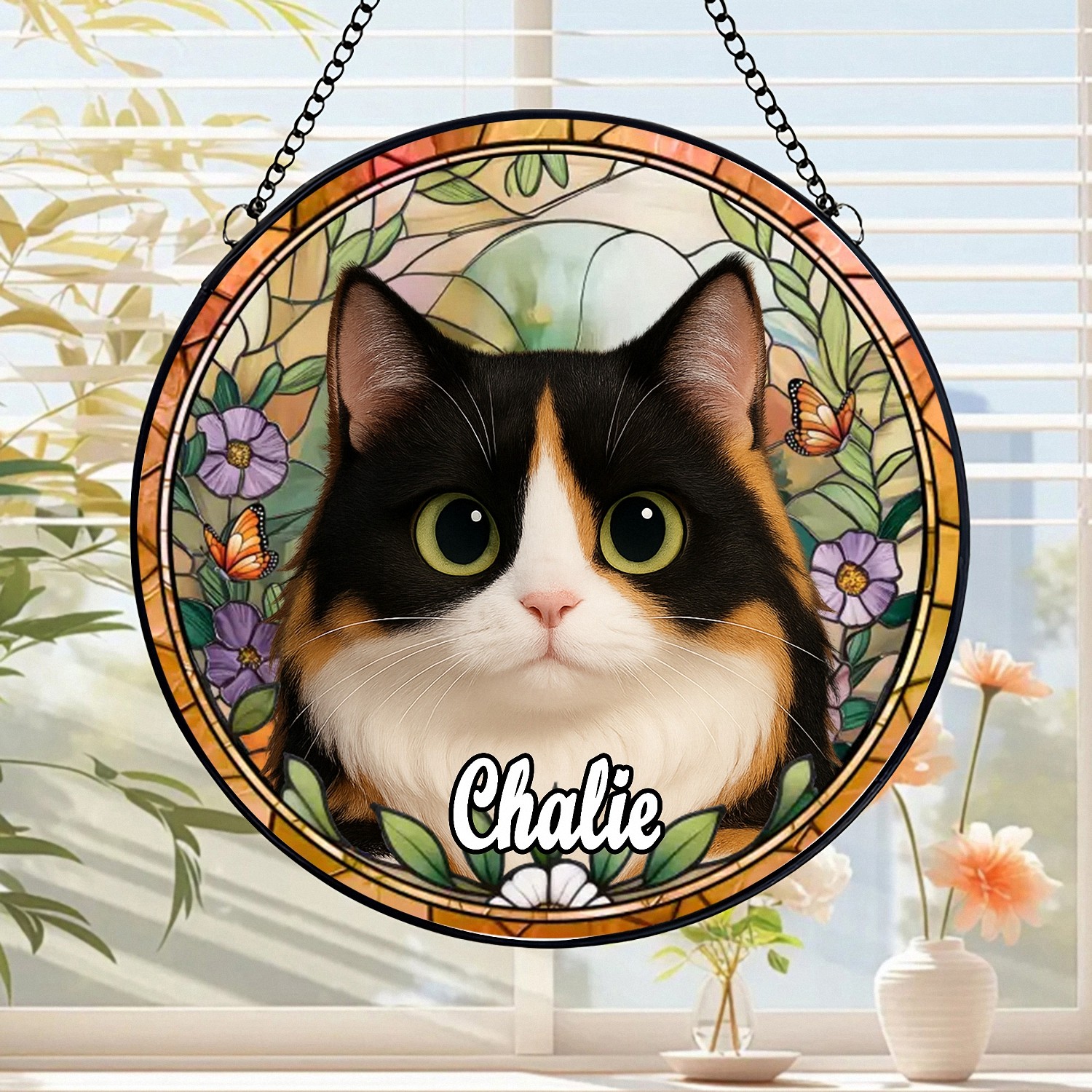 Personalized Calico Cat Portrait Suncatcher with Name Custom Stained Glass Effect Round Window Hanging Pet Memorial Gift for Cat Lovers Owners