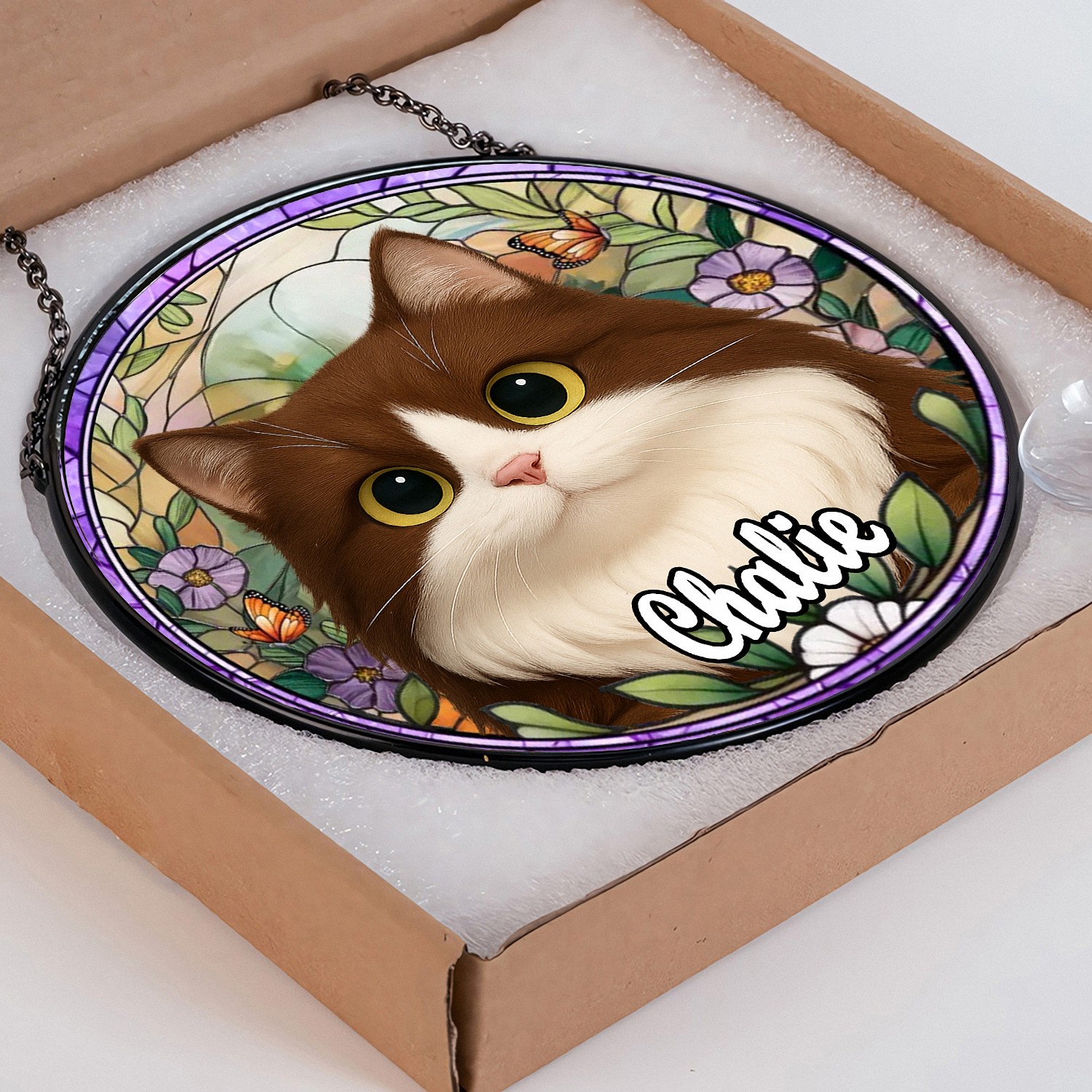 Personalized Calico Cat Portrait Suncatcher with Name Custom Stained Glass Effect Round Window Hanging Pet Memorial Gift for Cat Lovers Owners