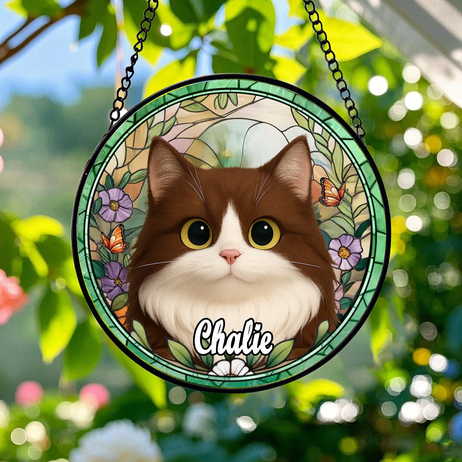 Personalized Calico Cat Portrait Suncatcher with Name Custom Stained Glass Effect Round Window Hanging Pet Memorial Gift for Cat Lovers Owners