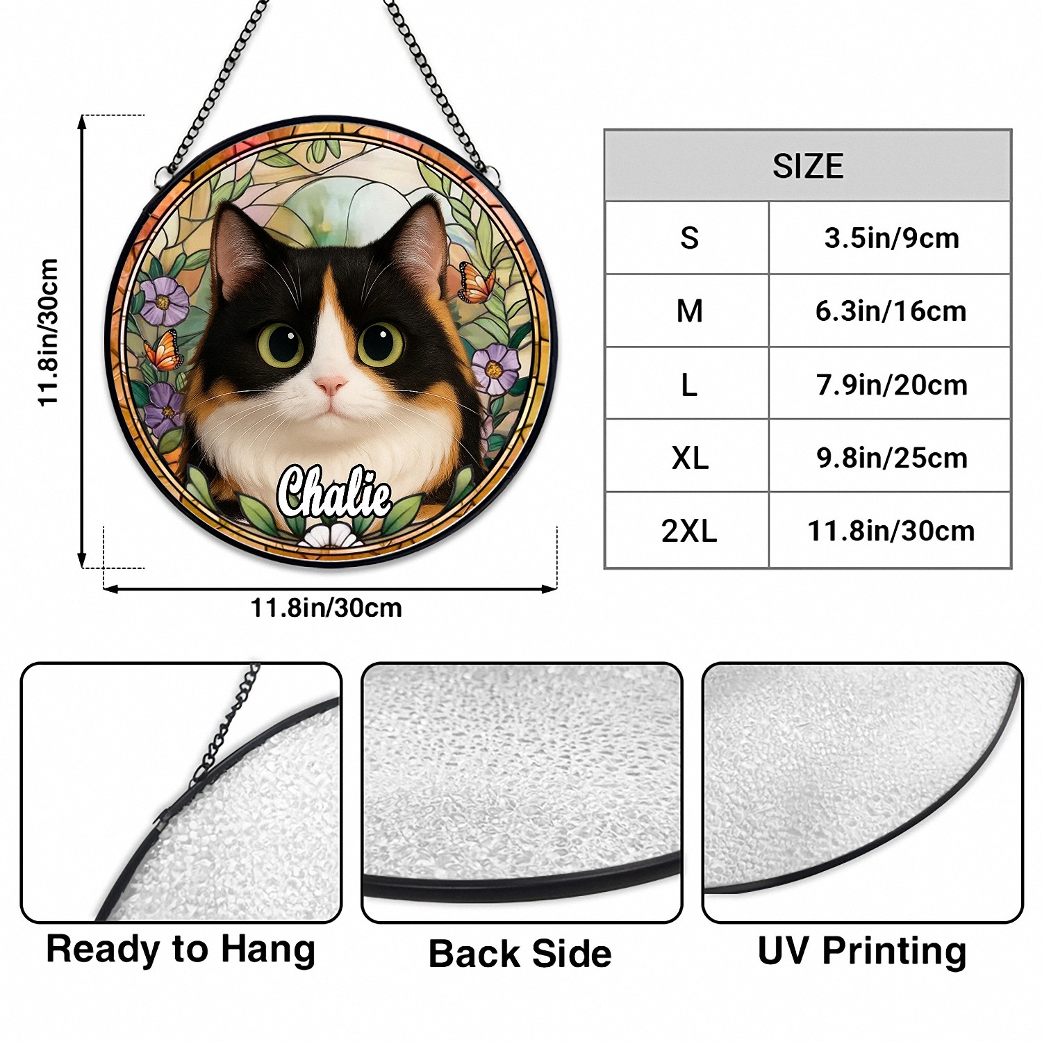 Personalized Calico Cat Portrait Suncatcher with Name Custom Stained Glass Effect Round Window Hanging Pet Memorial Gift for Cat Lovers Owners