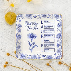 Personalized Christian Name Acrostic Trinket Dish God Says You Are Jewelry Tray Ceramic with Gold Rim Blue Floral Religious Baptism Gift for Women Bible Verse Keepsake