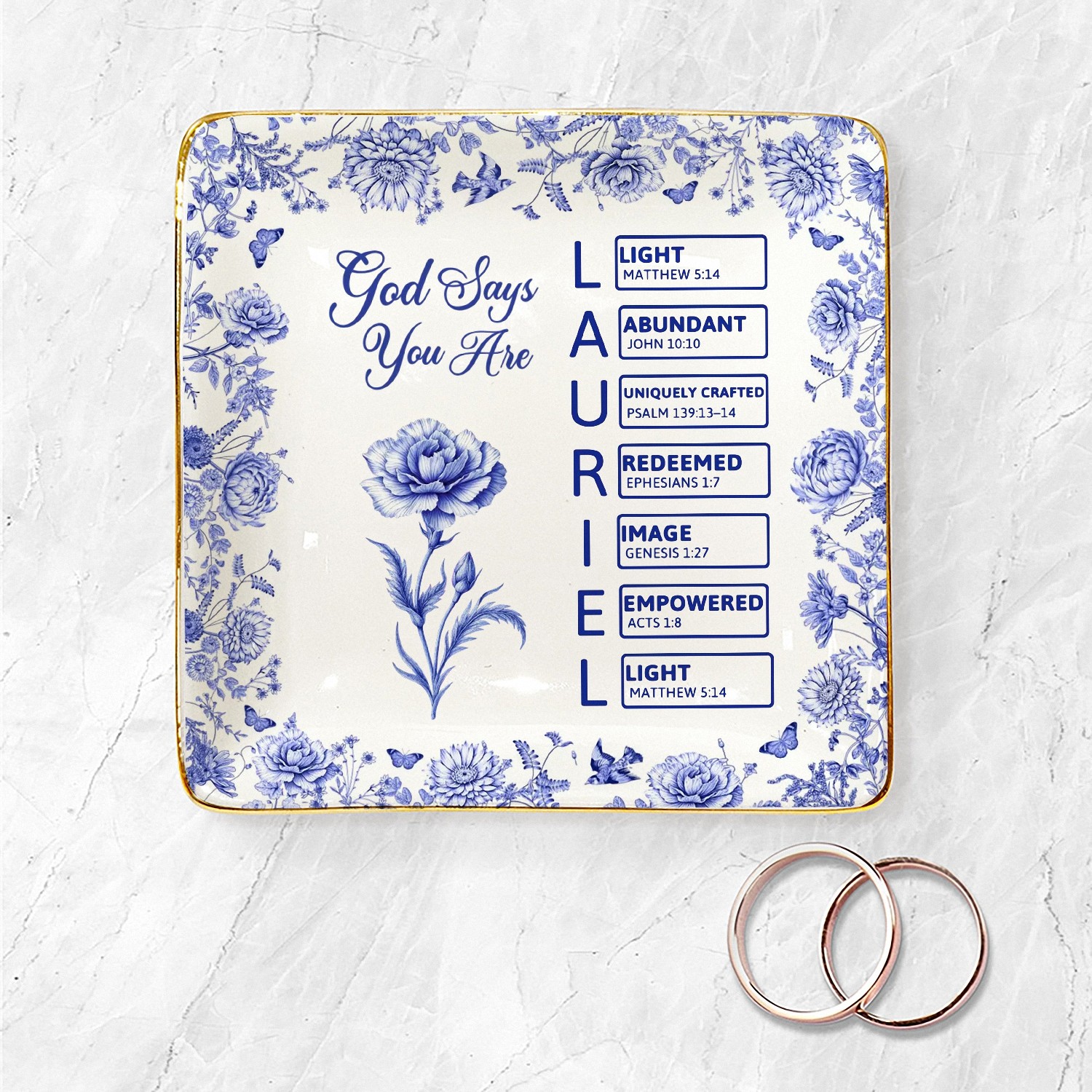 Personalized Christian Name Acrostic Trinket Dish God Says You Are Jewelry Tray Ceramic with Gold Rim Blue Floral Religious Baptism Gift for Women Bible Verse Keepsake