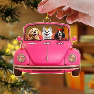 Personalized Dog Christmas Ornament with Custom Names, Pink Car Keepsake with 3 Dogs, Layered Acrylic Style, Holiday Gift for Pet Owners & Dog Lovers, Christmas Tree Decoration-S63S2