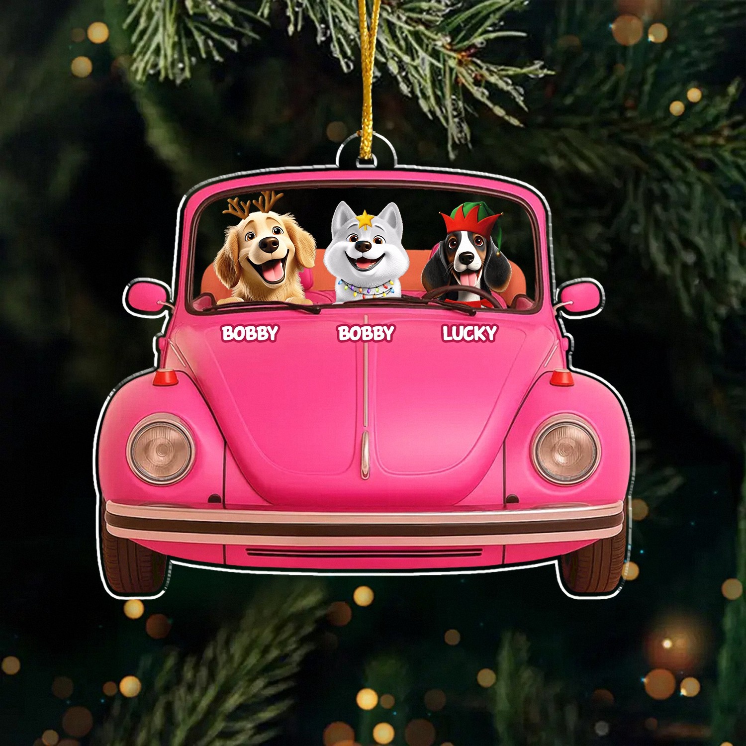 Personalized Dog Christmas Ornament with Custom Names, Pink Car Keepsake with 3 Dogs, Layered Acrylic Style, Holiday Gift for Pet Owners & Dog Lovers, Christmas Tree Decoration-S63S2