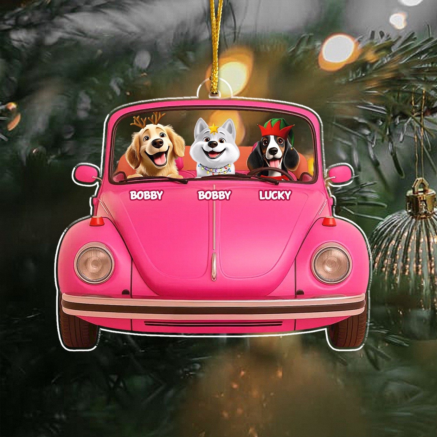 Personalized Dog Christmas Ornament with Custom Names, Pink Car Keepsake with 3 Dogs, Layered Acrylic Style, Holiday Gift for Pet Owners & Dog Lovers, Christmas Tree Decoration-S63S2