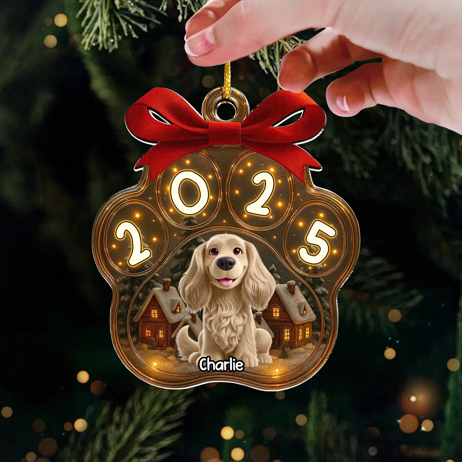 Personalized Dog Paw Print Christmas Ornament with Name, Light-Up Acrylic Keepsake, Christmas Village Style, Holiday Gift for Pet Owners & Dog Lovers, Tree Decoration 2025-MJP87