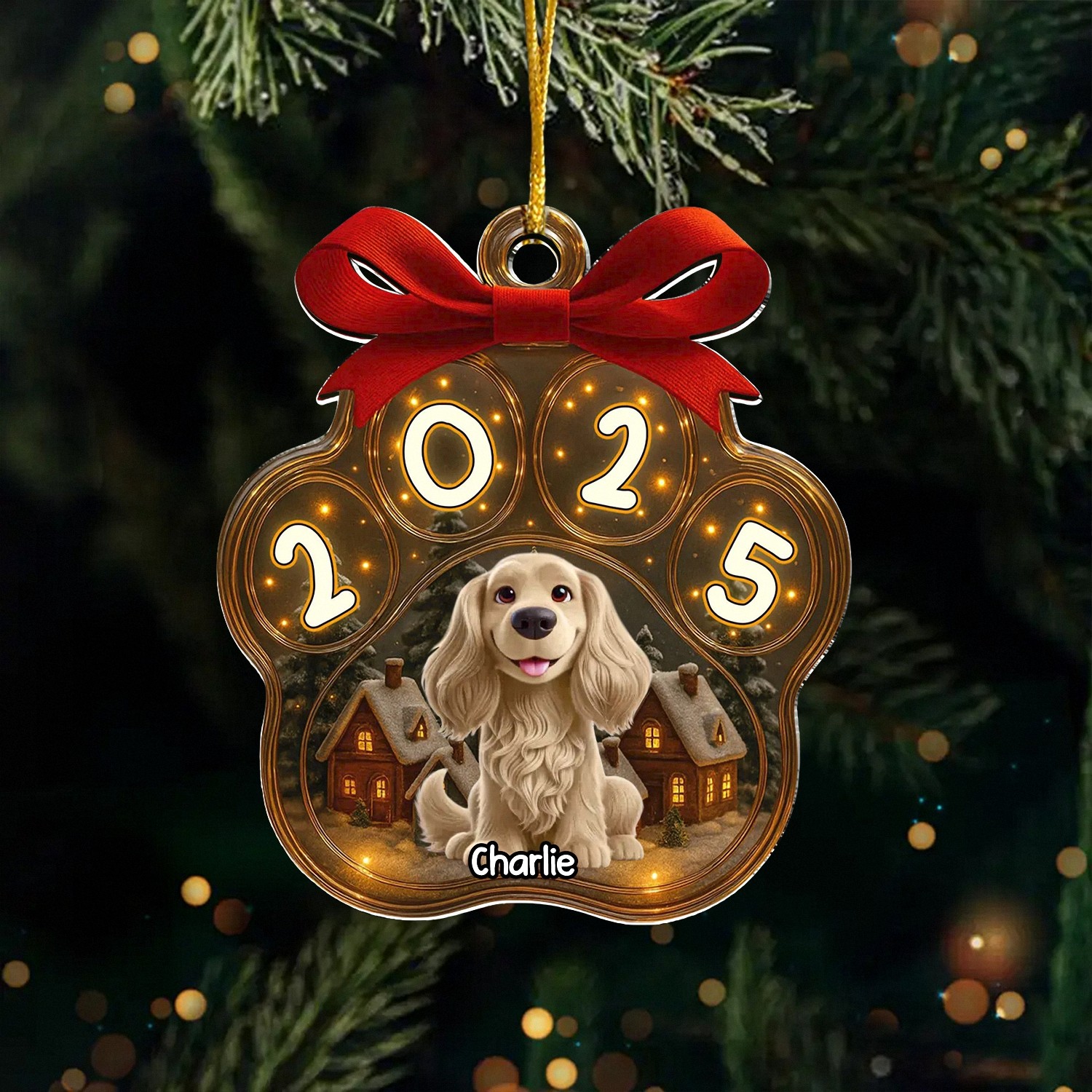 Personalized Dog Paw Print Christmas Ornament with Name, Light-Up Acrylic Keepsake, Christmas Village Style, Holiday Gift for Pet Owners & Dog Lovers, Tree Decoration 2025-MJP87